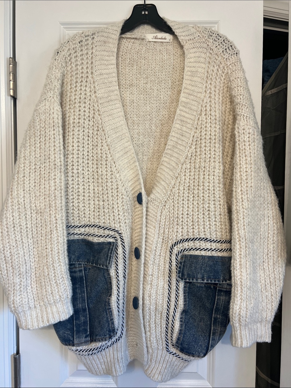 Alicedudu Cream Chunky Knit Cardigan with Denim Patch Pockets small